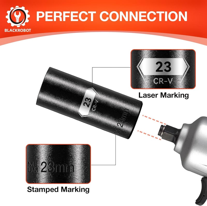 BLACKROBOT 1/2 Inch Drive 6-Point Deep Socket, 23mm Deep Impact Socket, CR-V Steel - Image 4